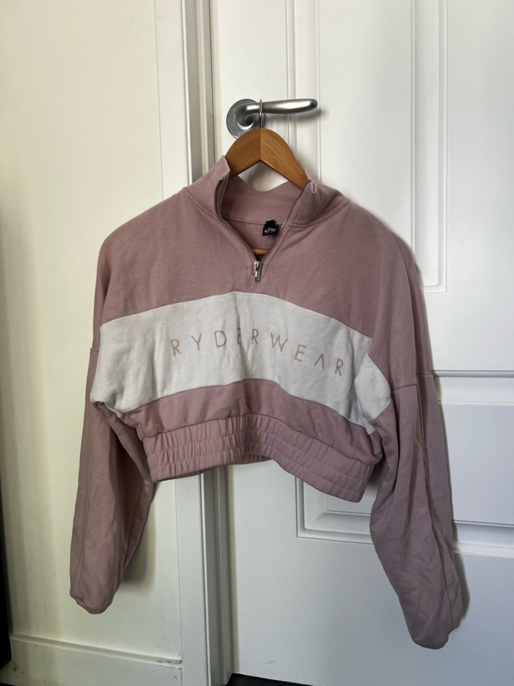 Ryderwear Mauve and White Cropped Quarter-Zip Sweatshirt